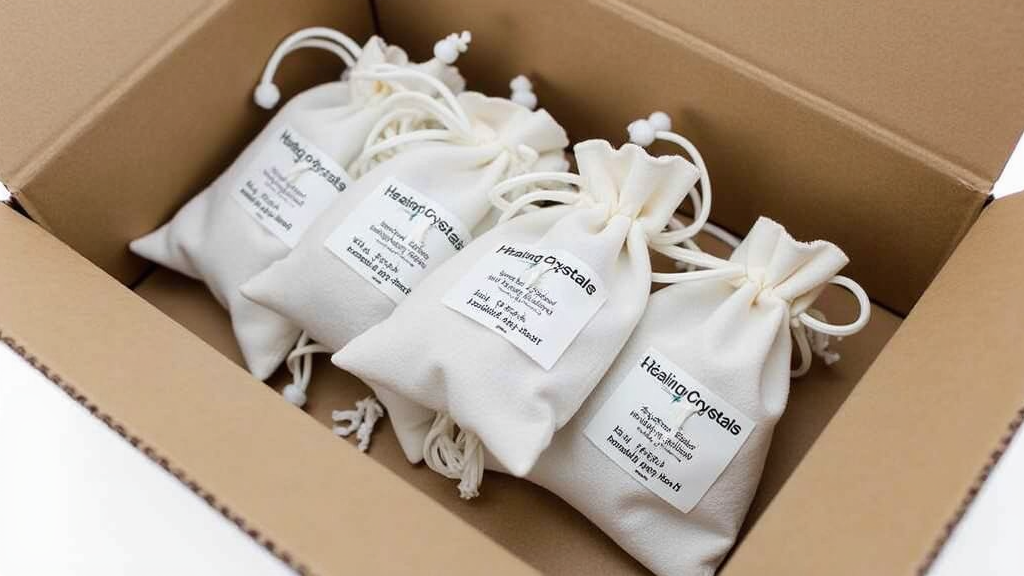 A neatly packaged order from healingcrystals.com showing multiple labeled crystal pouches