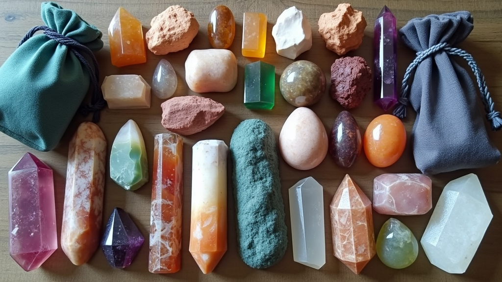 Healing crystals arranged in a grid pattern with accessories like pouches and wands